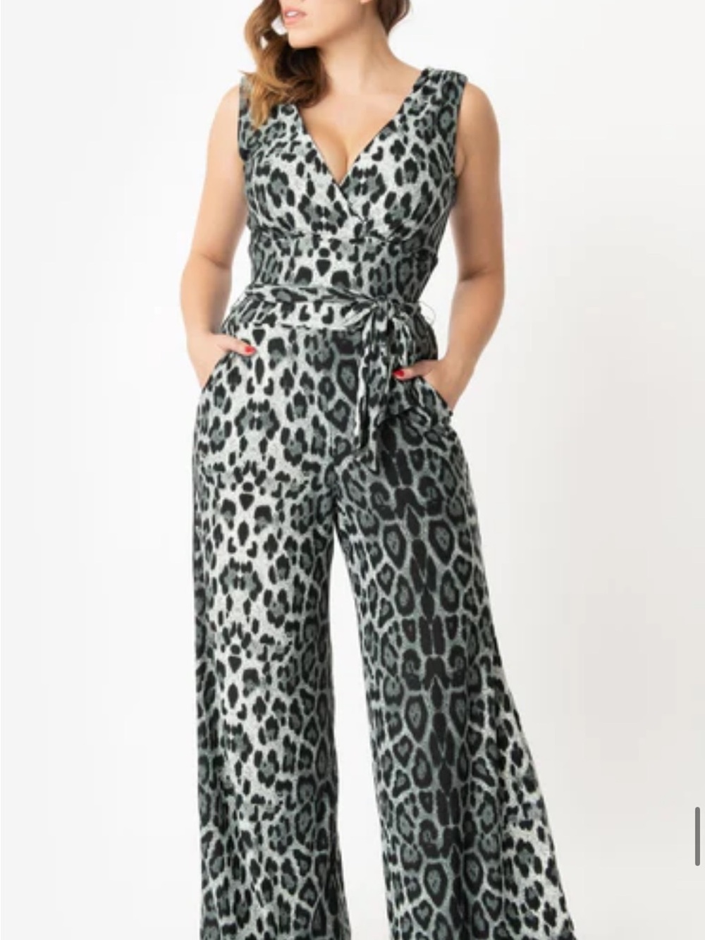 Unique Vintage Black & Gray Leopard Print V-Neck Wide-Leg Jumpsuit